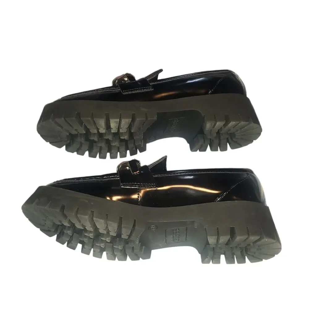 GUESS Hillford Chunky Chain Loafers Black Patent Y2K Inspired Lug Sole Size 8